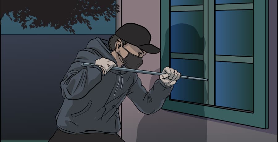 Illustration of burglar forcing entry through a window in Auburn